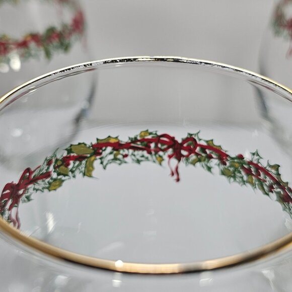 4 Libbey Ribbon Holly Goblets 7.5" water wine gold rim festive holiday Christmas - Picture 12 of 14